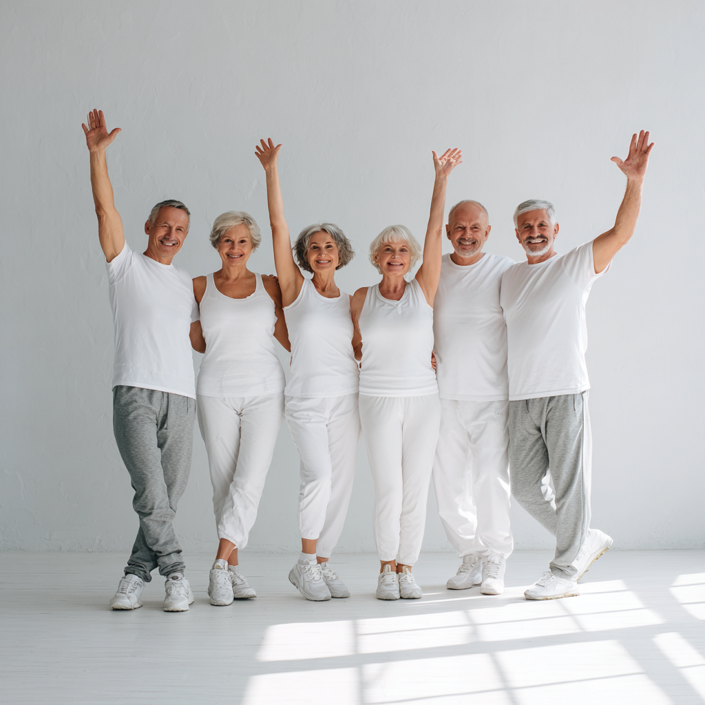 Group of white ukraninane mature adults celebrating after successful fitness session in bright studio