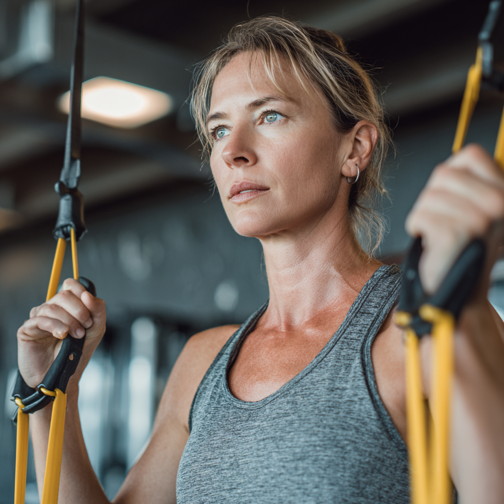 Middle-aged professional woman working out with resistance bands in modern fitness studio
